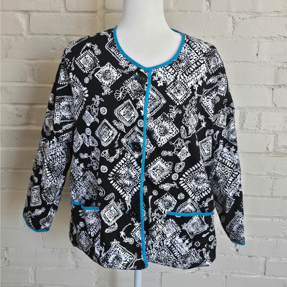 Appleseed’s Reversible Jacket┃Teal-Black & White Boho Print┃Lightweight ┃Artsy